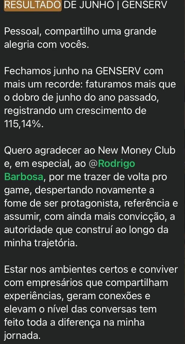 Depoimento de membro do New Money Club